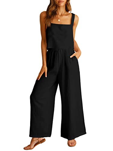 ANRABESS Women's 2 Piece Outfits Linen Pants Jumpsuit Matching Lounge Set Casual Summer Beach Vacation Trendy Clothes Black Small