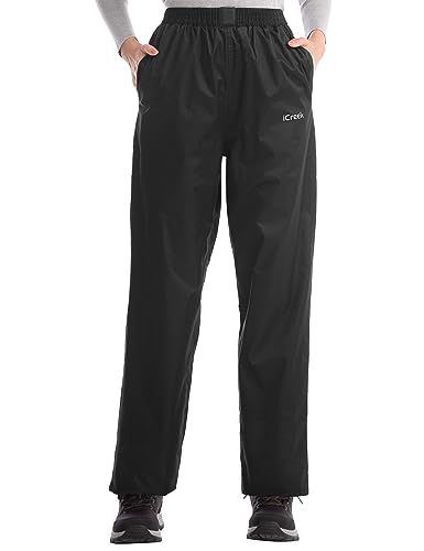 iCreek Women's Rain Pants Waterproof Hiking Pants Windproof Lightweight Over Pants Work Rain Outdoor for Golf, Fishing Black, Large/31 Inseam