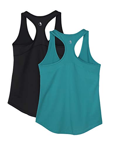 icyzone Workout Tank Tops for Women - Athletic Yoga Tops, Racerback Running Tank Top, Exercise Gym Shirts (XL, Black/Peacock Green)