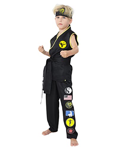 Treyrea Cobra Costume Gi Karate Dress Up Uniform With Headband Belt Pretend Play Halloween Party Cosplay Outfit for Kids (M(5T-7T), black 2)