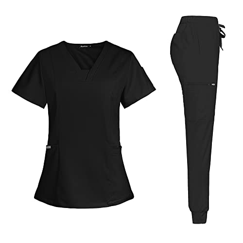 niaahinn Scrub Suit Set for Women Modern V-neck Top & Tapered Leg Jogger Pants with Drawstring Medical Nursing Uniforms Set (Black,L)