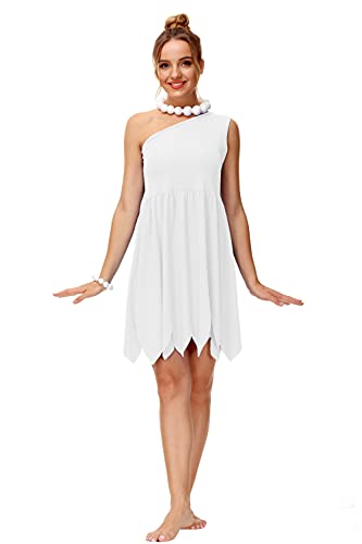 AOBUTE Halloween Wilma Costume Womens One Shoulder Dress Adult Group Caveman Cosplay White XL