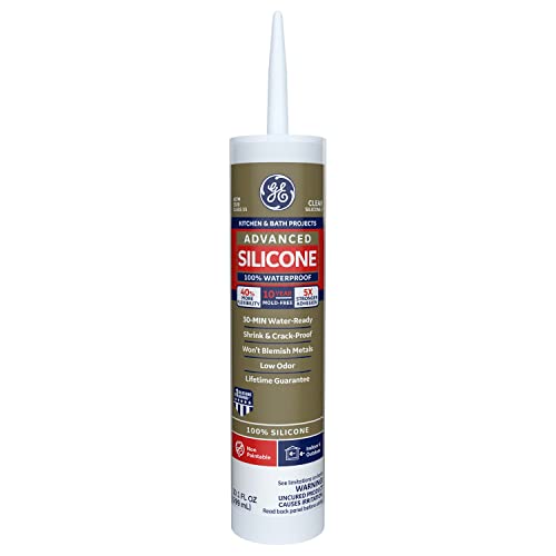 GE Advanced Silicone Caulk for Kitchen & Bathroom - 100% Waterproof Silicone Sealant, 5X Stronger Adhesion, Shrink & Crack Proof - 10 oz Cartridge, Clear, Pack of 1