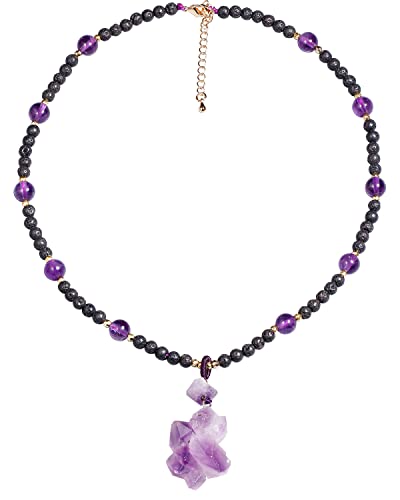 Jewever Lava Rock with Amethyst Beaded Chokers Necklaces for Women Raw Amethyst Pendant Essential Oil Diffuser Reiki Healing Crystal Necklace