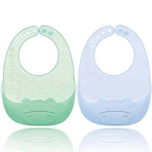 Sebikam Set of 2 Cute Ultra-Thin Silicone Baby Bibs for Babies & Toddlers (6-32 Months),Unisex,Non Messy,Adjustable Soft Super Light Silicone Feeding Bibs (Blue & Green)