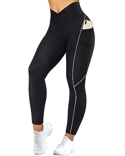 SUUKSESS Women Reflective High Waisted Running Leggings with Pockets Cross Waist Yoga Pants (Black, M)