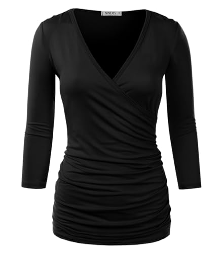 DOUBLJU 3/4 Sleeve Satin Ruched Hem Tank Tops Deep V Neck Tops Casual Basic Wrap Style T Shirts for Womens with Plus Size, Black, L