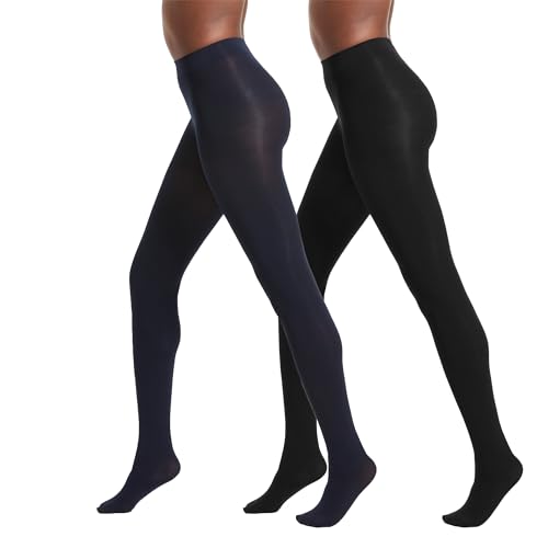No nonsense Women's Super Opaque Control-Top Tights, Black/Navy, Large, 2 count (Pack of 1)