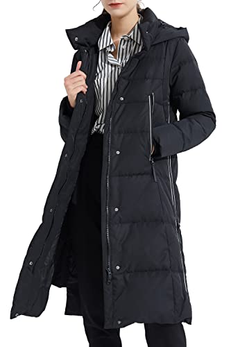 Orolay Women's Thickened Long Down Jacket Winter Down Coat Hooded Puffer Jacket with Side Zipper Pirate Black M
