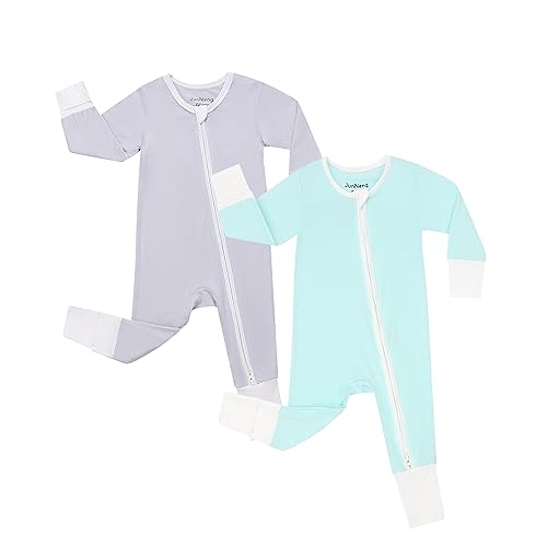 JunNeng Bamboo Viscose Baby Romper Sleeper with Mitten Cuffs Feet,Newborn Boy Girl Zipper Snug Fit Sleep 'N Play,Green+Grey 0-3 Months
