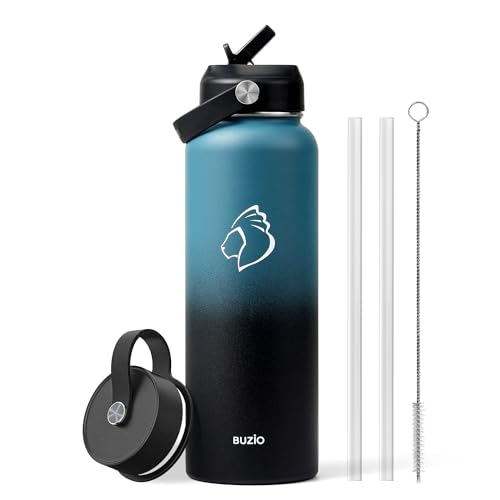 BUZIO Water Bottle with Straw Lid and Flex Cap, 40oz Modern Double Vacuum Stainless Steel Water Flask, Cold for 48 Hrs Hot for 24 Hrs Simple Thermo Canteen Mug, Indigo Black