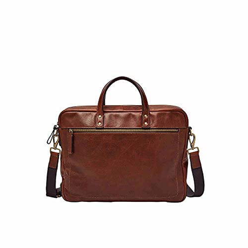 Fossil Men's Haskell Leather Double Zip Briefcase Messenger Laptop Bag, Cognac , (Model: MBG9342222)