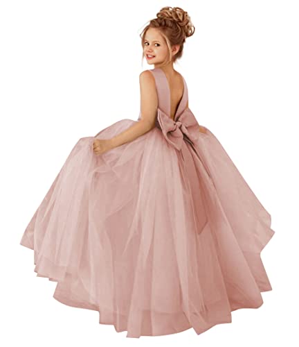 MCieloLuna Elegant Pearls Satin Tulle Backless Flower Girls Dress for Wedding Kids Pearls Princess Pageant First Communion Dress Dusty Rose Size 6