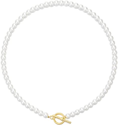 WWBGINF 6mm Pearl Choker Necklace for Women Girls 14K Gold Plated Toggle Clasp Small White Faux Pearl Strand Dainty Pearl Jewelry 14 16 18 Inches