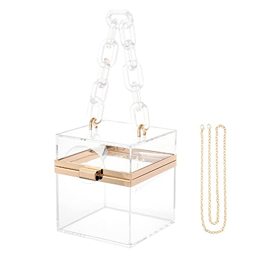 WJCD Cute Clear Acrylic Plastic Neon Hard Frame Party Clutch Purse with Gold Chain Strap (Transparent)