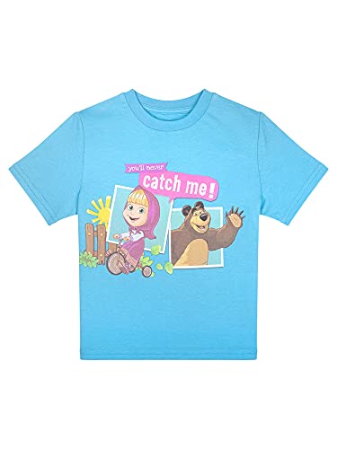 Masha and the Bear You'll Never Catch Me T-Shirt, Masha Riding Tricyle Graphic, Machine Washable Ethereal Blue