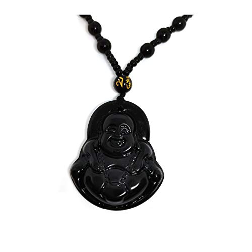 Obsidian Stone Buddha Beads Chain Necklace Imitate Jade Buddhism Jewelry for Women Men Protect Lucky Necklace-Black