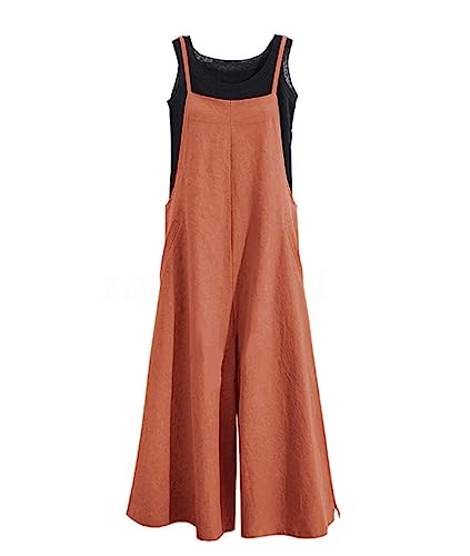 YESNO Women Casual Loose Boyfriend Bib Pants Summer Wide Leg Cotton Jumpsuits Rompers with Pockets XS-5X (M PZZTYP2 Rust)