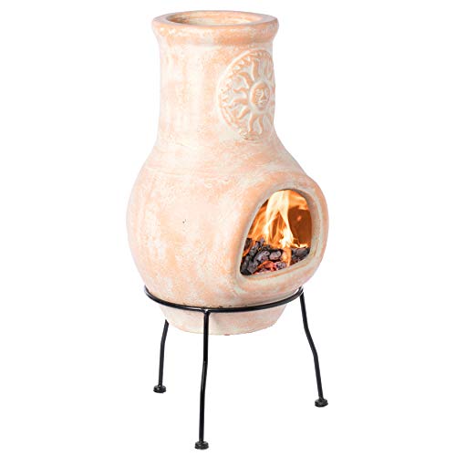 Beige Outdoor Clay chiminea Outdoor Fireplace Sun Design Charcoal Burning Fire Pit with Sturdy Metal Stand, Barbecue, Cocktail Party, Family Gathering, Cozy Nights Fire Pit