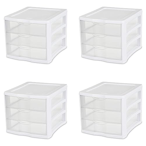 Sterilite 3 Drawer Desktop Storage Unit, Tabletop Organizer for Desk, Countertop at Home, Office, Bathroom, White with Clear Drawers, 4-Pack