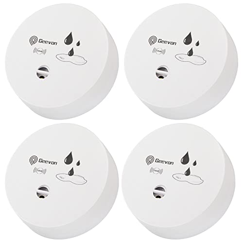 Geevon 4 Pack Water Leak Detector, 100dB Water Sensor Alarm Flood Detector for Basements, Bathrooms, Laundry Rooms, Kitchens, Garages, and Attics, Water Alarm Battery-Operated (Battery Included)