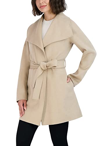 Tahari Women's Ella Lightweight Double Face Wool Wrap Coat with Tie Belt, Light Beige, Small