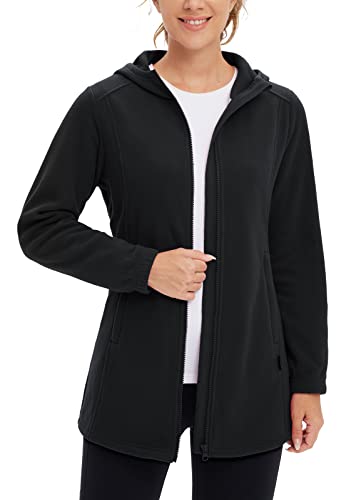 BALEAF Women's Long Fleece Jacket Full Zip Polar Fleece Hoodie Soft Lightweight Winter Coat Black M
