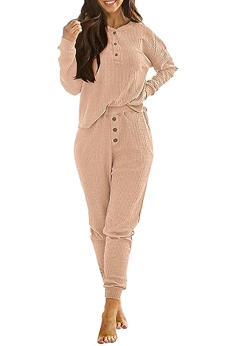 PRETTYGARDEN Women's 2 Piece Waffle Knit Lounge Outfit Long Sleeve Henley Top and Sweatpants Set Tracksuit (Khaki,Large)