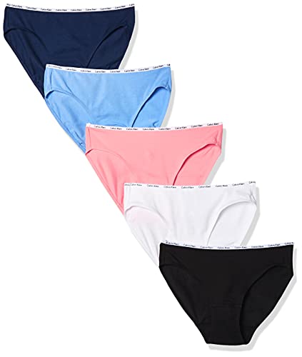 Calvin Klein Women's Signature Cotton Logo Stretch Bikini Panties, 5-Pack, Black/White/Genie/Tender/Coastal, Medium