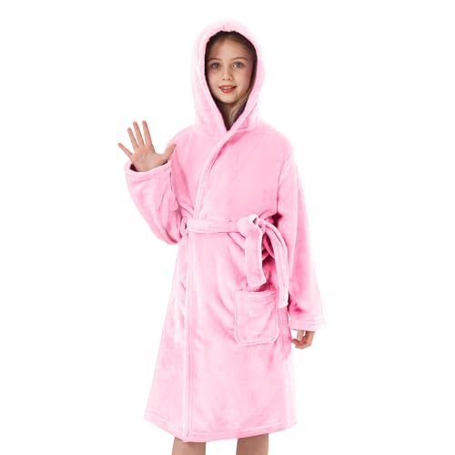 V.&GRIN Girls Fleece Robe, Hooded Toddler Soft Fuzzy Bathrobe for Kids 3-14 Years（Pink9-10
