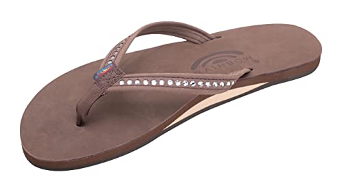 Rainbow Sandals Women's Single Layer Premier Leather w/Swarovski Crystal Narrow Strap, Expresso, Ladies Large / 7.5-8.5 B(M) US