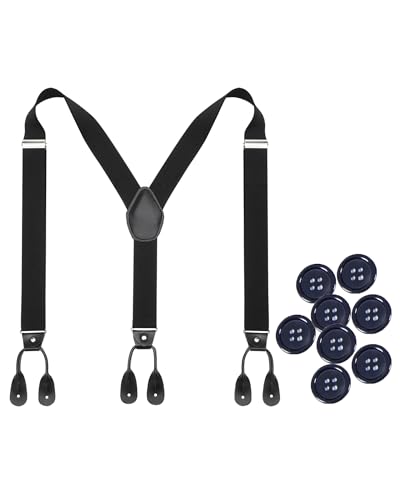 Kajeer Mens Adjustable Button End Suspenders - Y-Back Elastic Tuxedo Suspenders with Heavy Duty Leather Buttons End (Black)