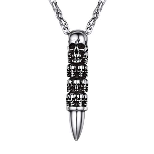 PROSTEEL Skull Bullet Charm Necklace Skeleton Pendant,Men/Women,Punk Style,Gothic,Goth Halloween Supply,Stainless Steel Retro Vintage Statement Necklace
