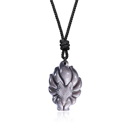 COAI Nine Tailed Fox Amulet Silver Sheen Obsidian Stone Pendant Necklace for Women Girls