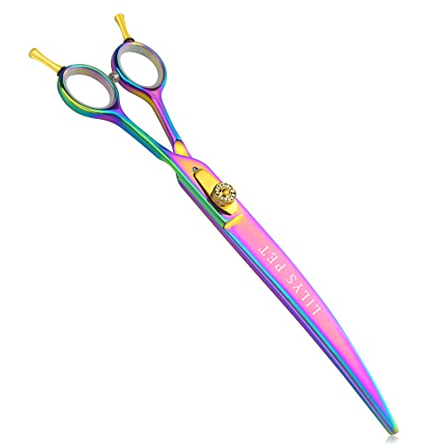 LILYS PET HIGH-END SERIES 8-Inch Japan 440C Rainbow Color Pet Grooming Two-way Curved Scissor,Delicate Gold Screw with Drilling