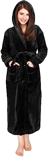 NY Threads Womens Fleece Hooded Bathrobe Plush Long Robe, X-Large, Black