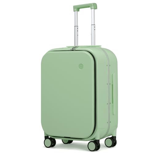 Carry On Luggage, 20'' Suitcase with Front Laptop Pocket, Travel Rolling Luggage Aluminum Frame PC Hardside with Spinner Wheels & TSA Lock and Cover - Avocado Green