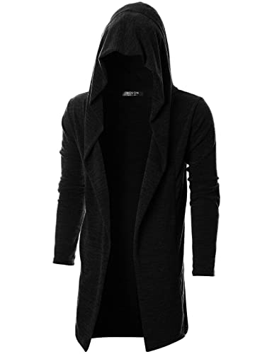 GIVON Mens Long Hooded Cardigan Ruffle Shawl Collar Drape Cape Sweater Gothic Clothes / DCC055-BLACK-L