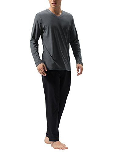 DAVID ARCHY Men's Cotton Sleepwear Soft PJs V-Neck Lounge Wear Top and Bottom Long Sleeve Winter Pajamas Set for Men (L, Dark Gray-Black)