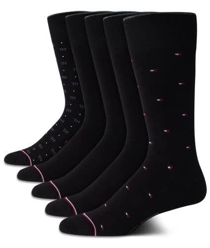Tommy Hilfiger Men's 5 Pack Allover Flag Pattern Dress Crew Socks, Classic Black, Shoe Size 7-12