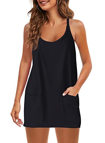 Panadila Womens Summer Sleeveless Mini Dress V Neck Spaghetti Strap Sundress Athletic Short Dress with Pockets (Black,M)