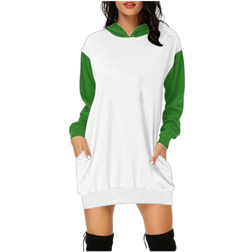 Gobehebe Womens Hooded Sweatshirt Lightweight Long Tunic Patchwork Pullover Top Oversized Hoodie Dress with Pocket Streetwear Green