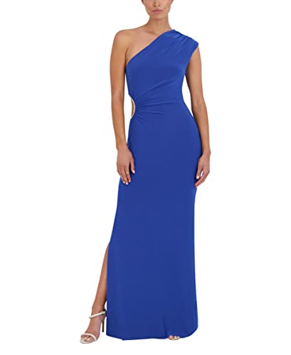 BCBGMAXAZRIA Women's One Shoulder Neck Rhinestone Trim Cut Out Gown, Blue, Medium