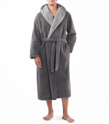 DAVID ARCHY Men's Soft Plush Fleece Robe Full Length Hooded Long Bathrobe for Men with Hood (XL, Dark Gray- Shu Velveteen)