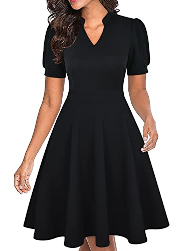 Mokayee Black Dresses for Women Funeral Summer Short Sleeve Semi-Formal Knee Length Sunday Church Fit and Flare Flattering Business Casual Office Work Ladies Dress with Pockets L