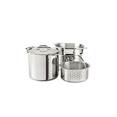 All-Clad Specialty Stainless Steel Stockpot, Multi-Pot with Strainer 8 Quart Induction Oven Broiler Safe 600F Strainer, Pasta Strainer with Handle, Pots and Pans Silver