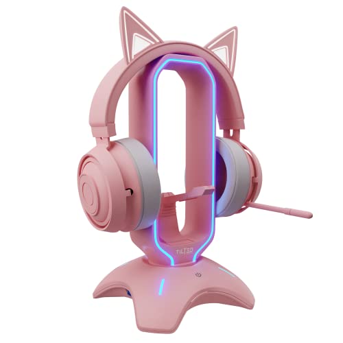 Tilted Nation RGB Gaming Headset Stand - 3 in 1 Pink with Mouse Bungee and 2 Port USB Hub Charger - The Ultimate Accessory and Gamer Gift - Headphone Holder for Desk
