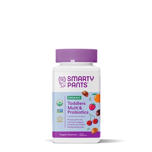 SmartyPants Organic Toddler Multivitamin Gummies: Probiotics, Omega 3 (ALA), Vitamin D3, C, Vitamin B12, B6, Vitamin A, K & Zinc, Gluten Free, Three Fruit Flavors, 60 Count (30 Day Supply)