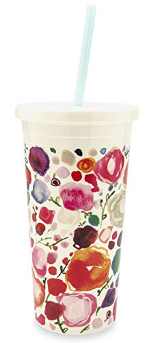Kate Spade New York Insulated Plastic Tumbler With Reusable Straw, 20 Ounce Travel Cup, Floral