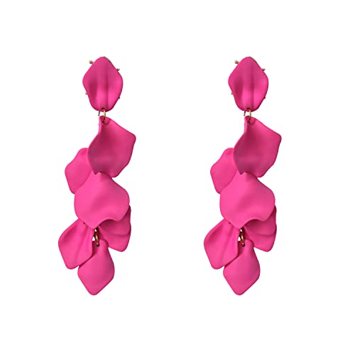 Just Follow Long Acrylic Rose Petal Earrings Dangle Exaggerated Flower Earrings Drop Statement Floral Tassel Earrings for Women (Rose Red)